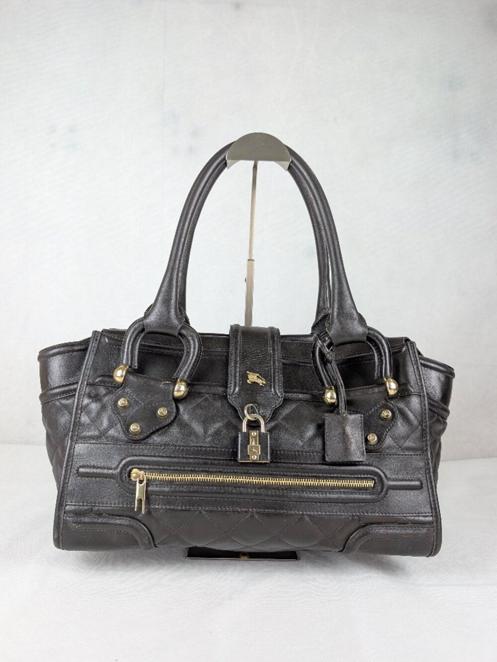 Authentic Burberry Dark Brown Quilted Leather Manor Tote Bag Made in Italy.
